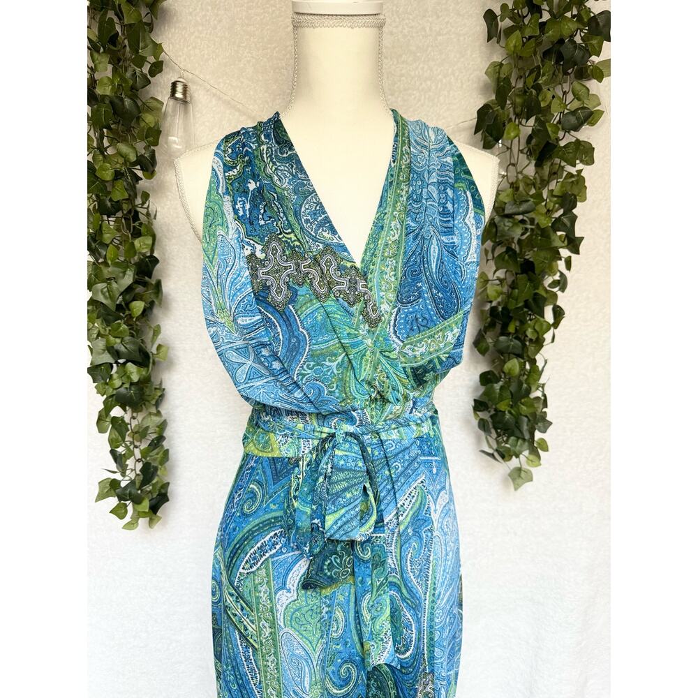 London Times Blue Green Zippered Paisley Print Maxi Dress Women's 8 Medium - Picture 4 of 14